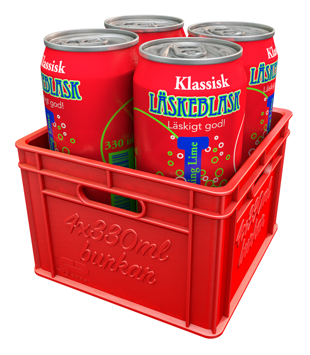 3D-rendering av en miniback med fyra påhittade 33 cl-burkar som visar storleken