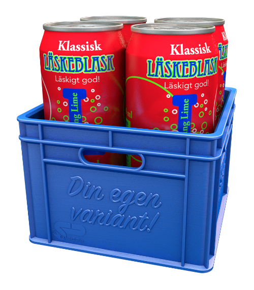 Blå miniback med texten Din egen variant och fyra 33 cl-burkar
