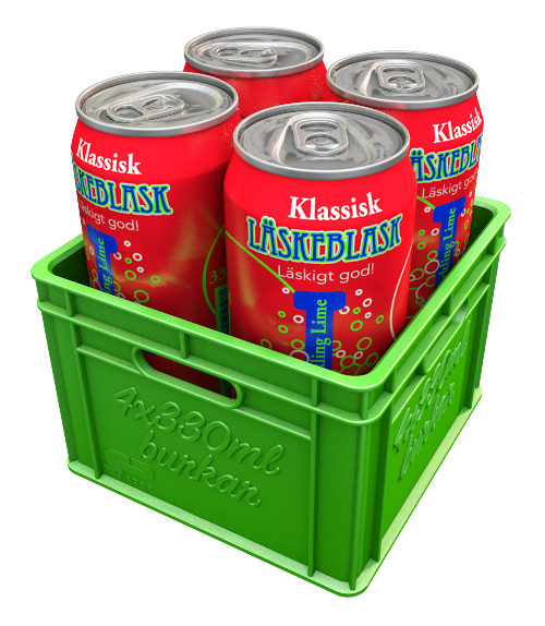 Grön miniback med fyra 33 cl-burkar som visar storleken